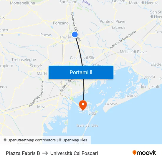 Piazza Fabris B to Università Ca' Foscari map