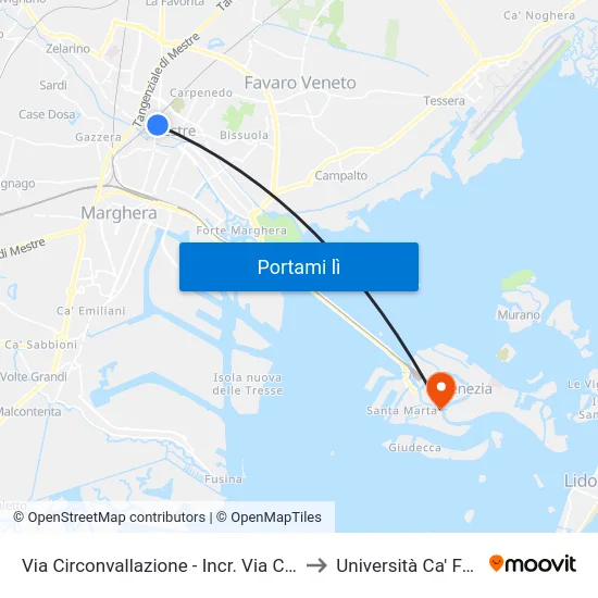 Via Circonvallazione - Incr. Via Castellana to Università Ca' Foscari map