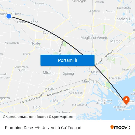 Piombino Dese to Università Ca' Foscari map