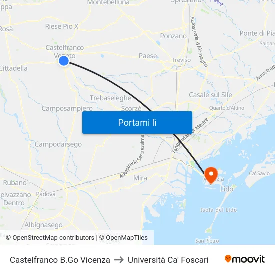 Castelfranco B.Go Vicenza to Università Ca' Foscari map