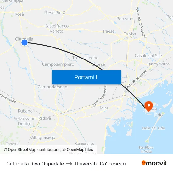 Cittadella Riva Ospedale to Università Ca' Foscari map