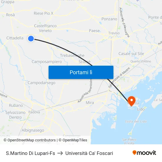 S.Martino Di Lupari-Fs to Università Ca' Foscari map