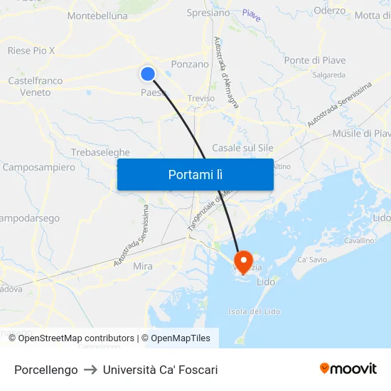 Porcellengo to Università Ca' Foscari map