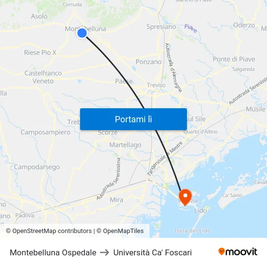 Montebelluna Ospedale to Università Ca' Foscari map