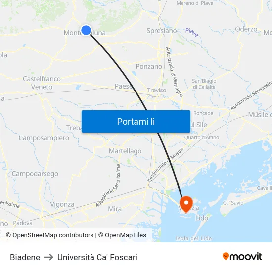 Biadene to Università Ca' Foscari map