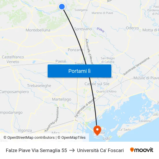 Falze Piave Via Sernaglia 55 to Università Ca' Foscari map