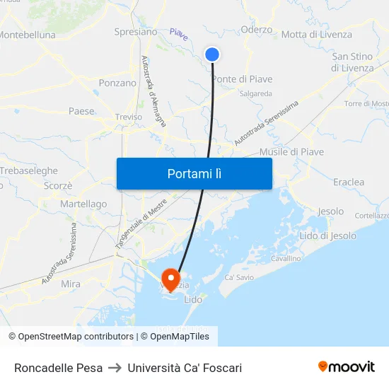 Roncadelle Pesa to Università Ca' Foscari map