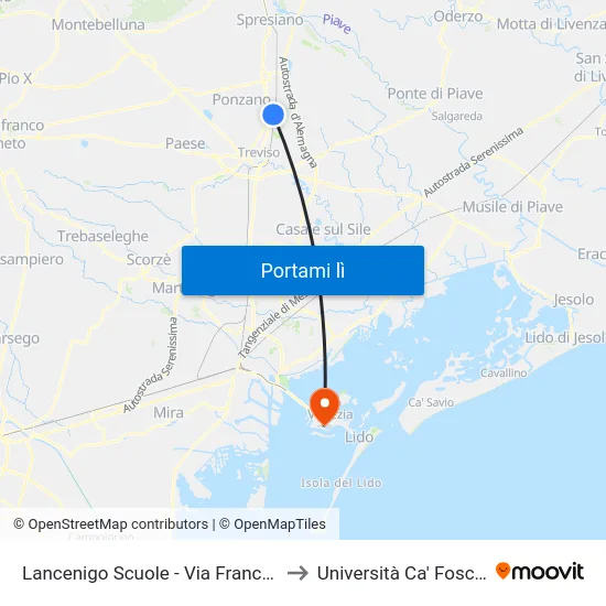 Lancenigo Scuole - Via Franchini to Università Ca' Foscari map