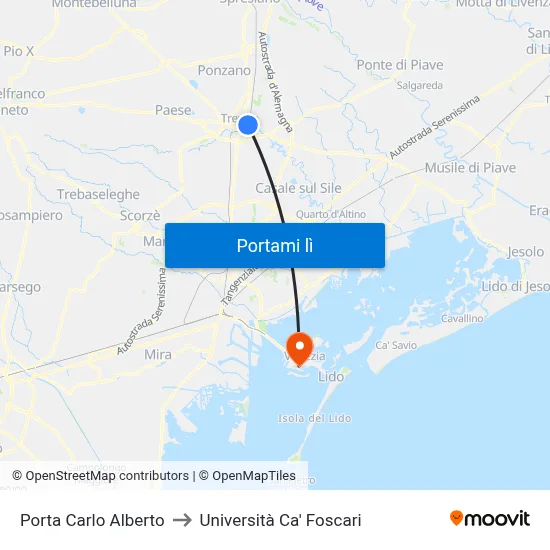 Porta Carlo Alberto to Università Ca' Foscari map