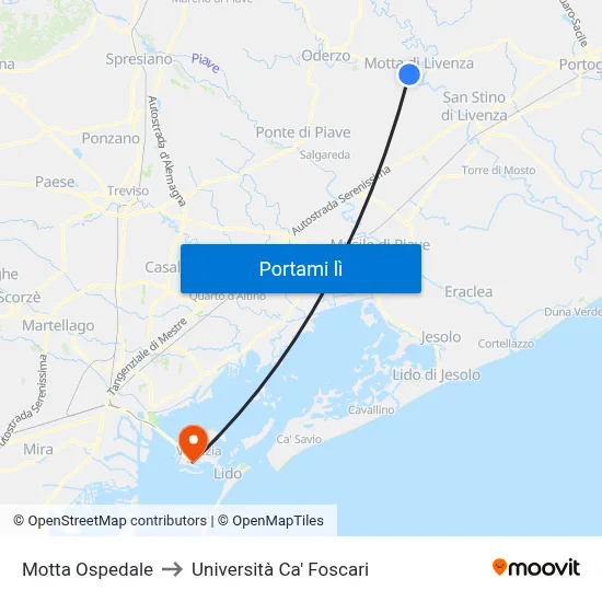 Motta Ospedale to Università Ca' Foscari map