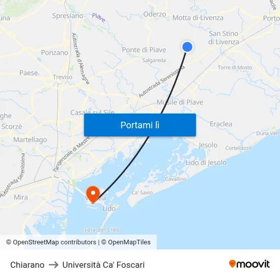 Chiarano to Università Ca' Foscari map