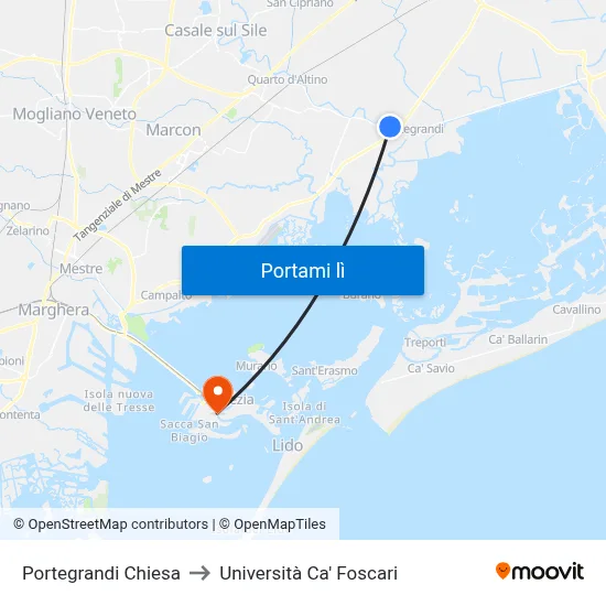 Portegrandi Chiesa to Università Ca' Foscari map