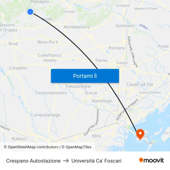 Crespano Autostazione to Università Ca' Foscari map