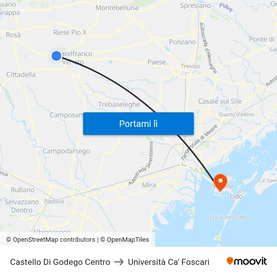 Castello Di Godego Centro to Università Ca' Foscari map