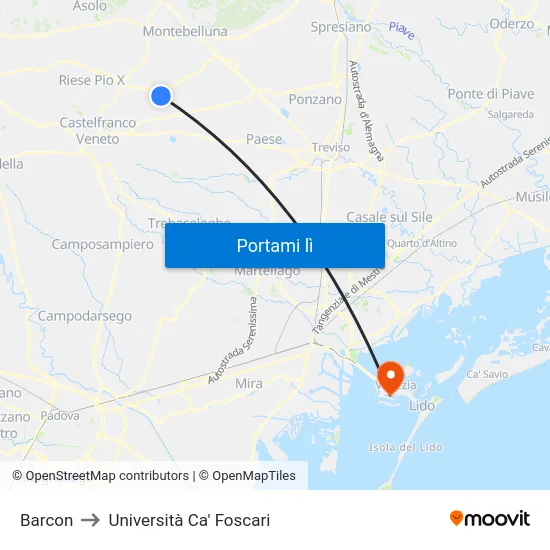 Barcon to Università Ca' Foscari map
