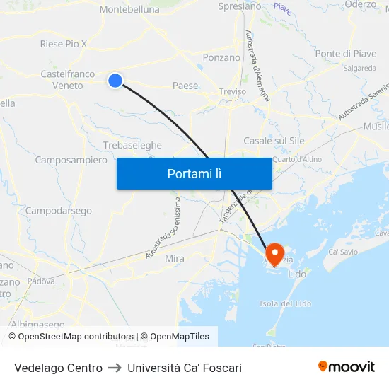 Vedelago Centro to Università Ca' Foscari map
