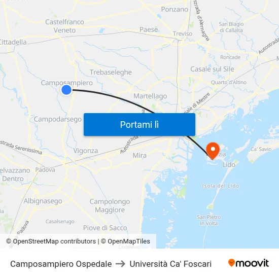 Camposampiero Ospedale to Università Ca' Foscari map