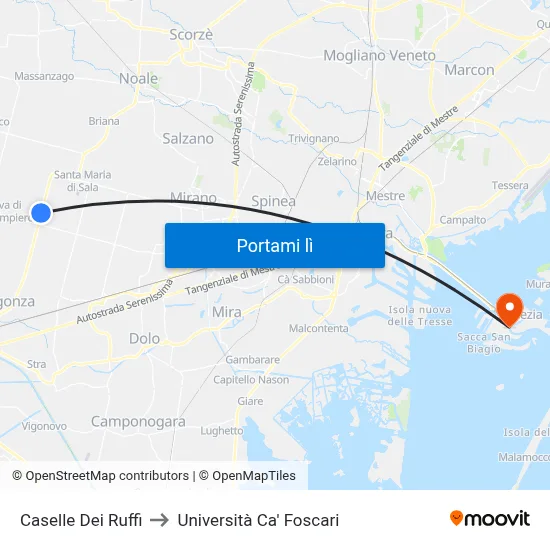 Caselle Dei Ruffi to Università Ca' Foscari map