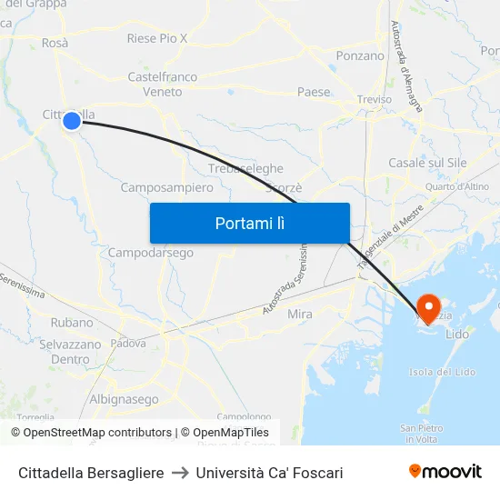 Cittadella Bersagliere to Università Ca' Foscari map