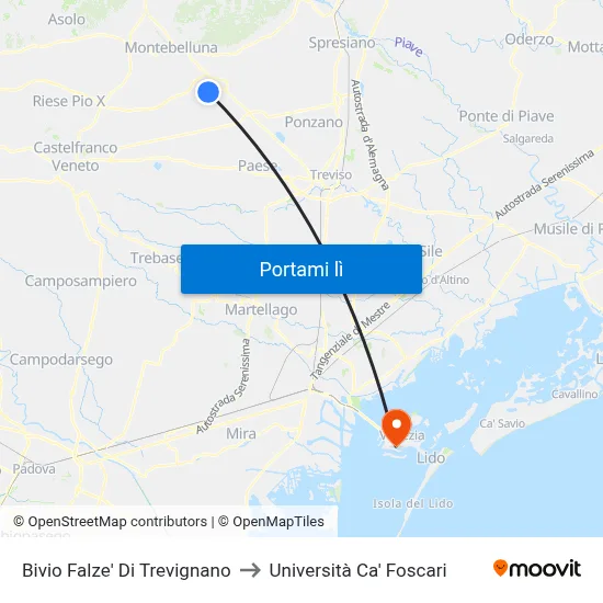Bivio Falze' Di Trevignano to Università Ca' Foscari map