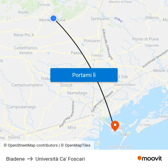 Biadene to Università Ca' Foscari map