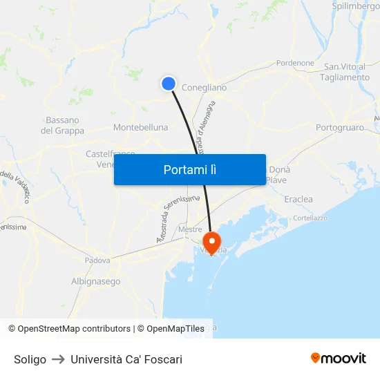 Soligo to Università Ca' Foscari map