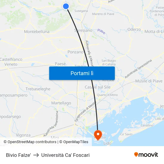 Bivio Falze' to Università Ca' Foscari map
