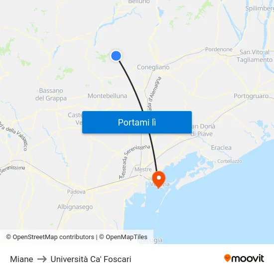 Miane to Università Ca' Foscari map