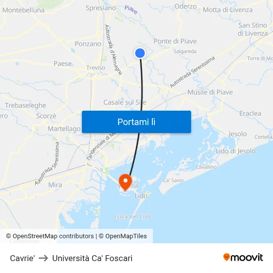 Cavrie' to Università Ca' Foscari map