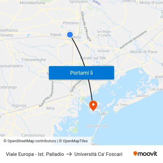 Viale Europa - Ist. Palladio to Università Ca' Foscari map