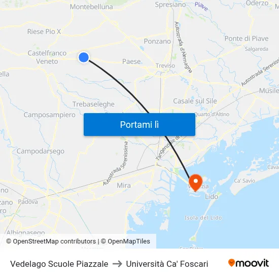 Vedelago Scuole  Piazzale to Università Ca' Foscari map
