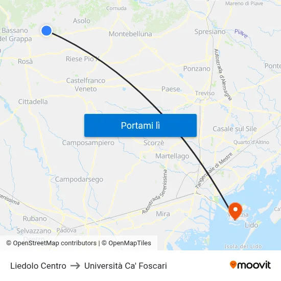 Liedolo Centro to Università Ca' Foscari map