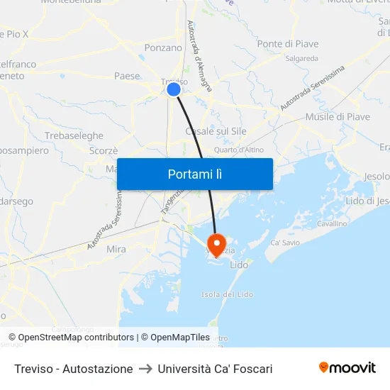 Treviso - Autostazione to Università Ca' Foscari map