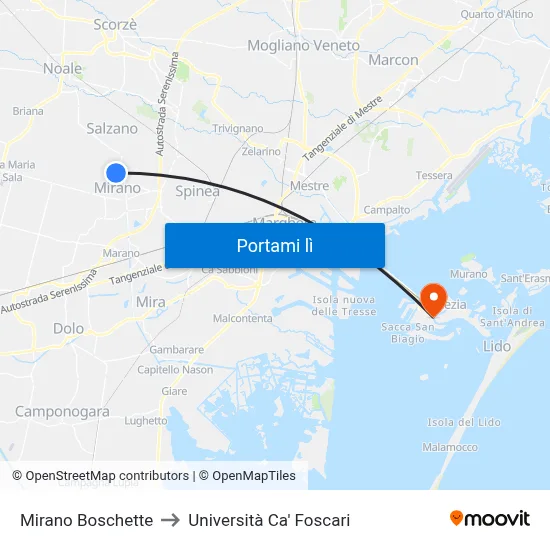 Mirano Boschette to Università Ca' Foscari map