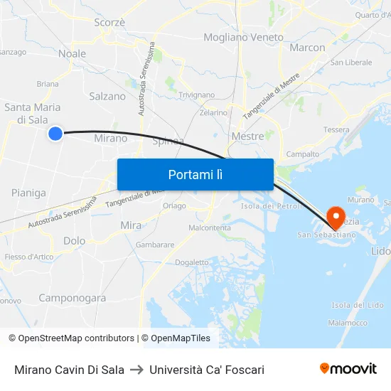 Mirano Cavin Di Sala to Università Ca' Foscari map