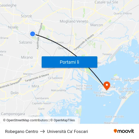 Robegano Centro to Università Ca' Foscari map