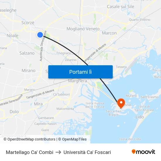 Martellago Ca' Combi to Università Ca' Foscari map