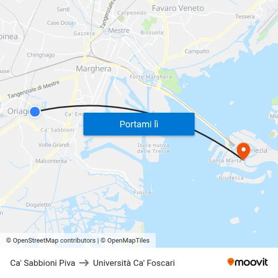 Ca' Sabbioni Piva to Università Ca' Foscari map