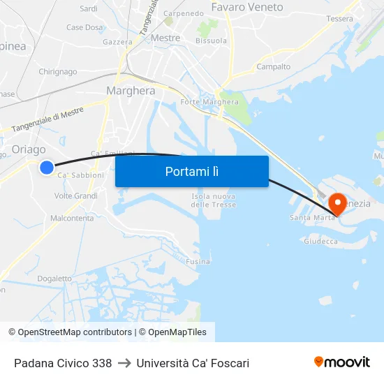 Padana Civico 338 to Università Ca' Foscari map