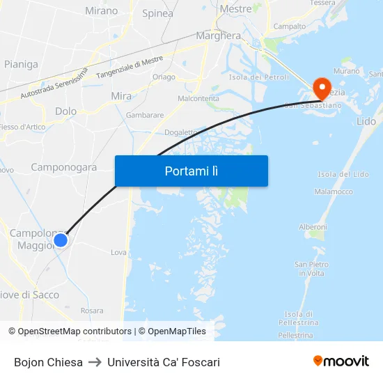 Bojon Chiesa to Università Ca' Foscari map