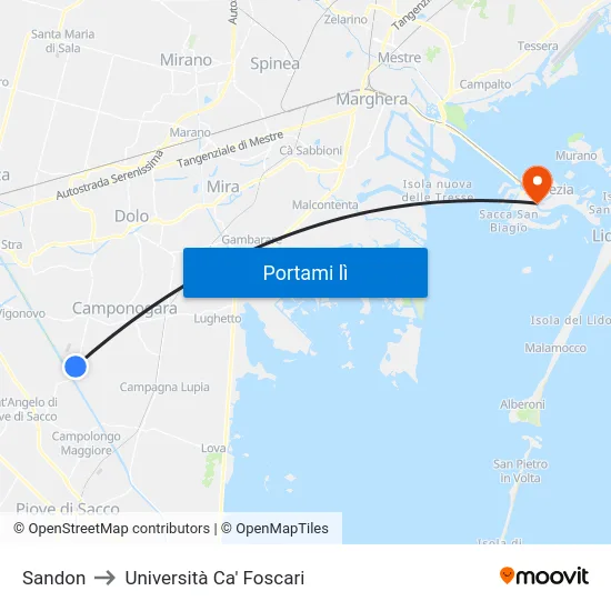 Sandon to Università Ca' Foscari map