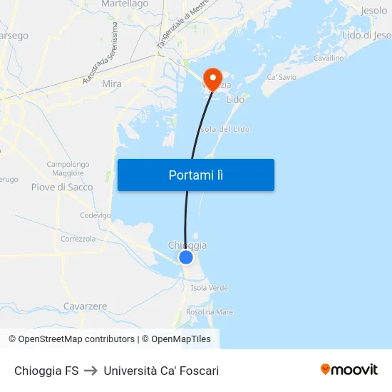 Chioggia FS to Università Ca' Foscari map