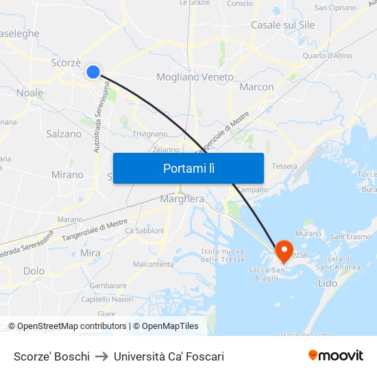 Scorze' Boschi to Università Ca' Foscari map