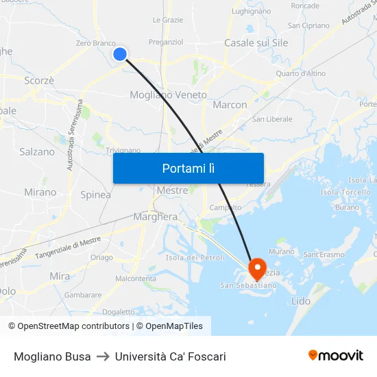 Mogliano Busa to Università Ca' Foscari map