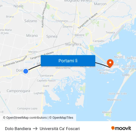 Dolo Bandiera to Università Ca' Foscari map