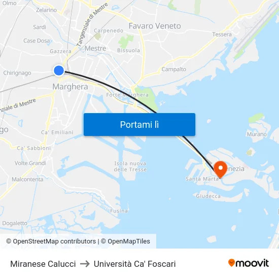 Miranese Calucci to Università Ca' Foscari map
