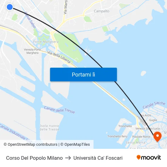 Corso Del Popolo Milano to Università Ca' Foscari map