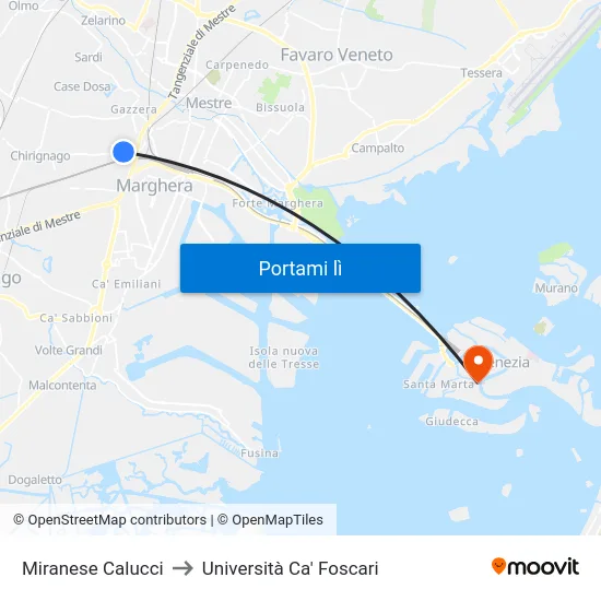 Miranese Calucci to Università Ca' Foscari map