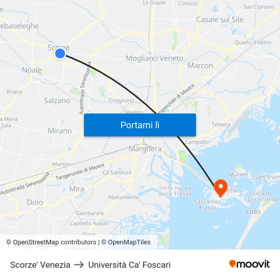Scorze' Venezia to Università Ca' Foscari map