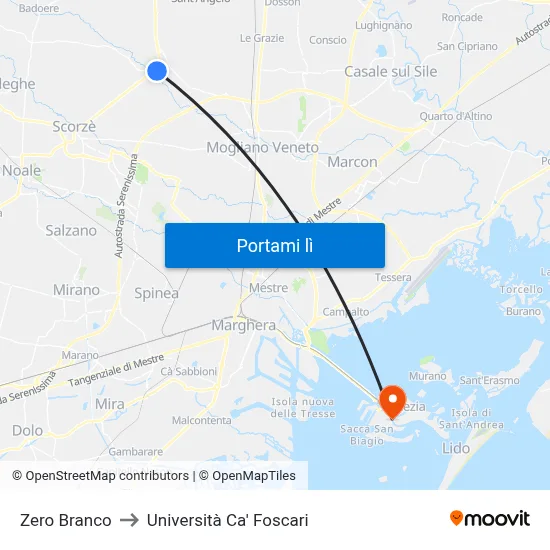 Zero Branco to Università Ca' Foscari map